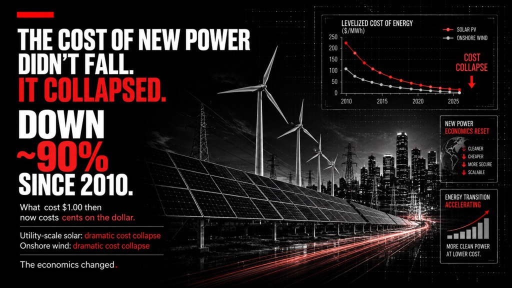 The cost of new power didn't fall. It collapsed. ~90% since 2010.