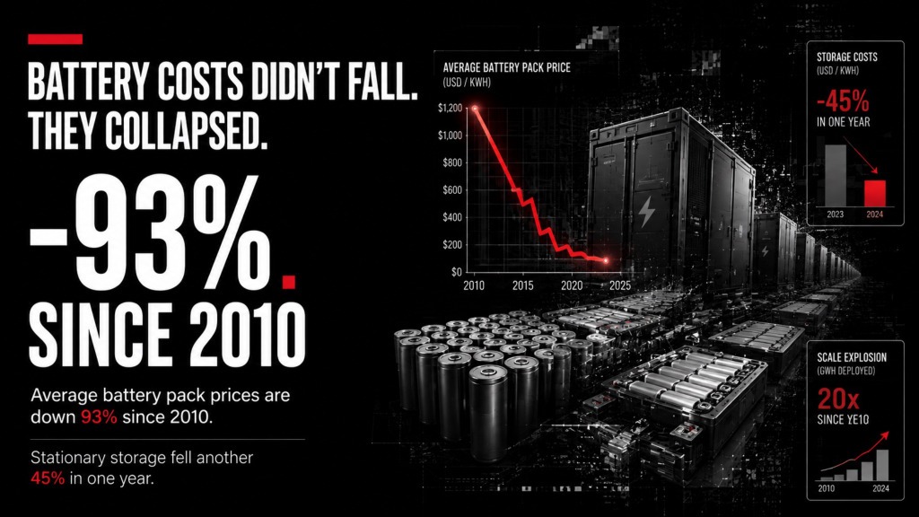 Battery costs didn't fall. They collapsed. -93% since 2010.