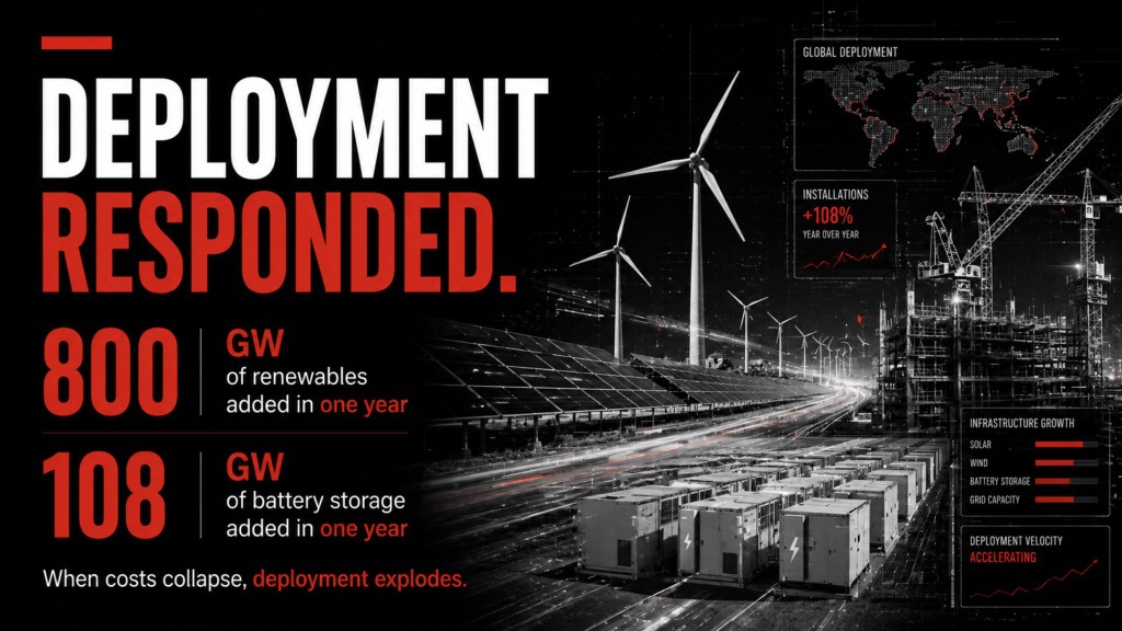 Deployment responded: 800 GW renewables / 108 GW battery storage in one year.