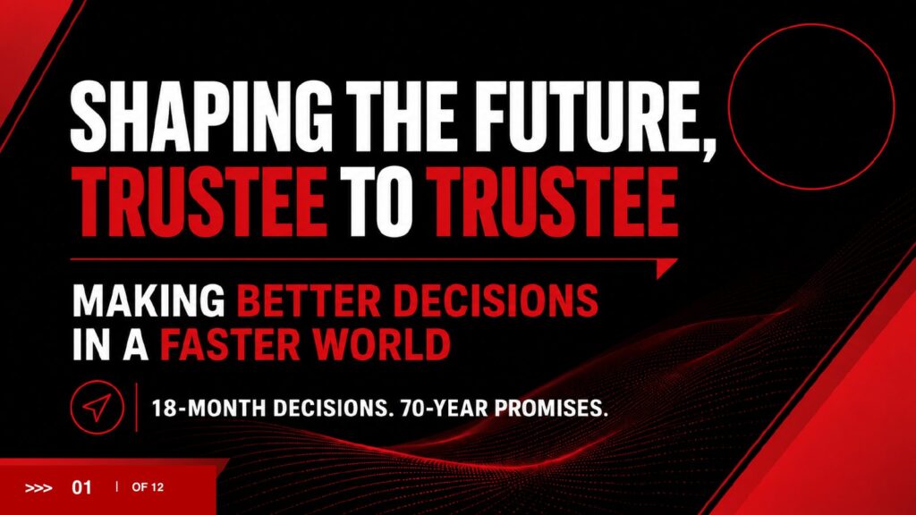 2027 Brief slide 1: Shaping the Future, Trustee to Trustee. Making better decisions in a faster world. 18-month decisions, 70-year promises.