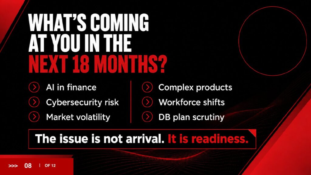 2027 Brief slide 8: What's coming at you in the next 18 months? The issue is not arrival. It is readiness.