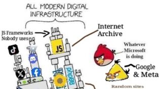 Cartoon: all modern digital infrastructure balanced on PHP, WordPress, Linux, DNS and unpaid open source developers