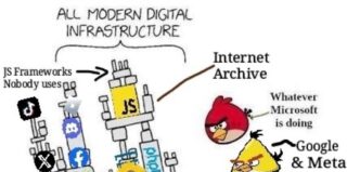 Cartoon: all modern digital infrastructure balanced on PHP, WordPress, Linux, DNS and unpaid open source developers